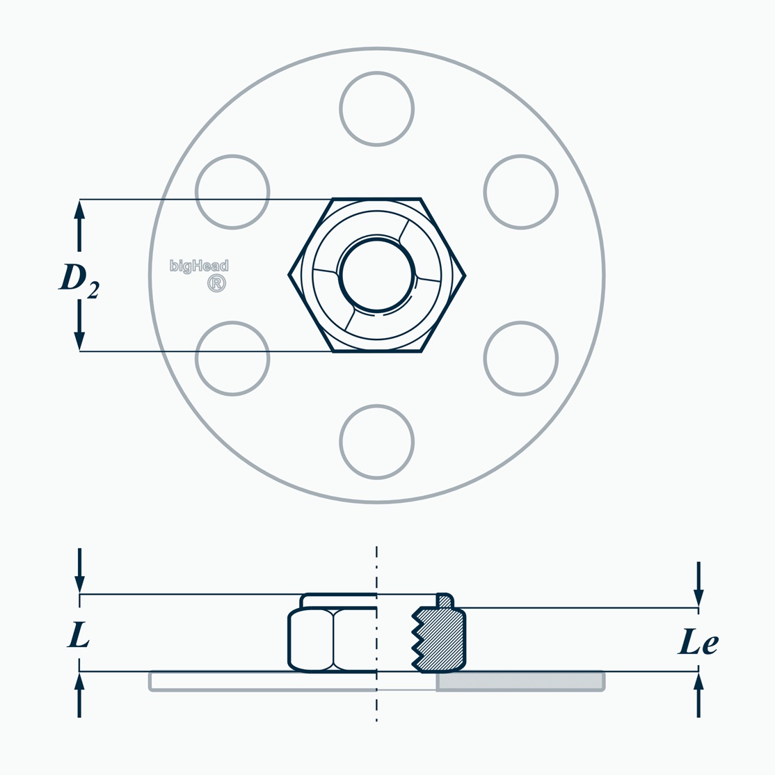 Top and side views of a bigHead F1/S30 fastener with lock-nut customisation showing D₂ across flats, L nut height, and Le thread length​