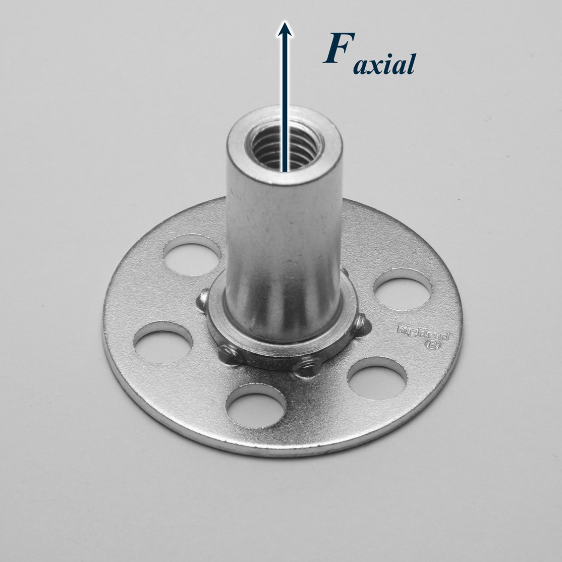 Photograph of a bigHead F2/B30 fastener, with a blue arrow labelled "F_axial" indicating axial force direction.