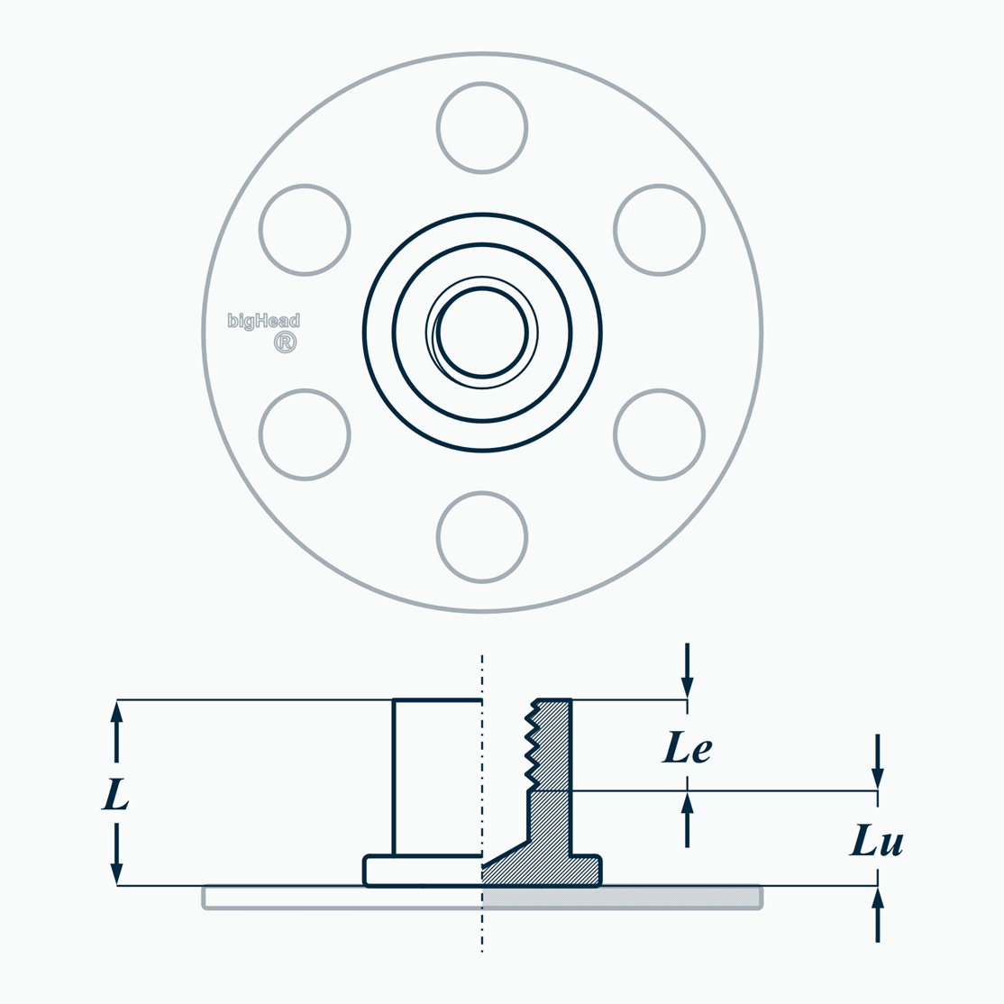 Top and side views of a bigHead F2/B30 fastener with closed blind collar customisation showing L collar length, Le usable thread length, and Lu unusable section length