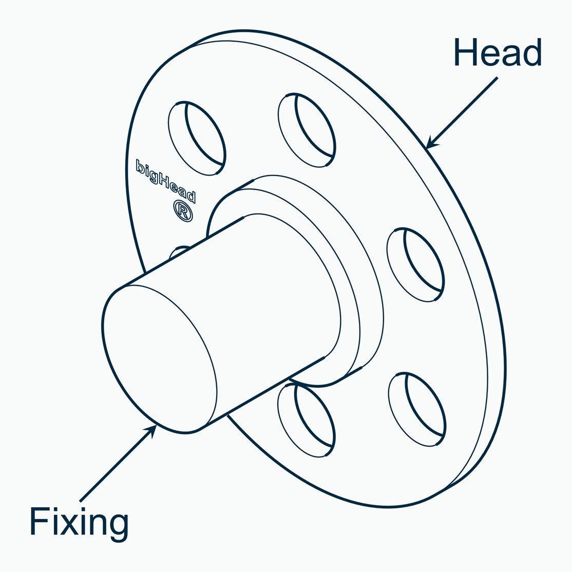 Isometric view of a bigHead F2/S30 fastener with closed sighted collar customisation showing fixing and Head arrangement