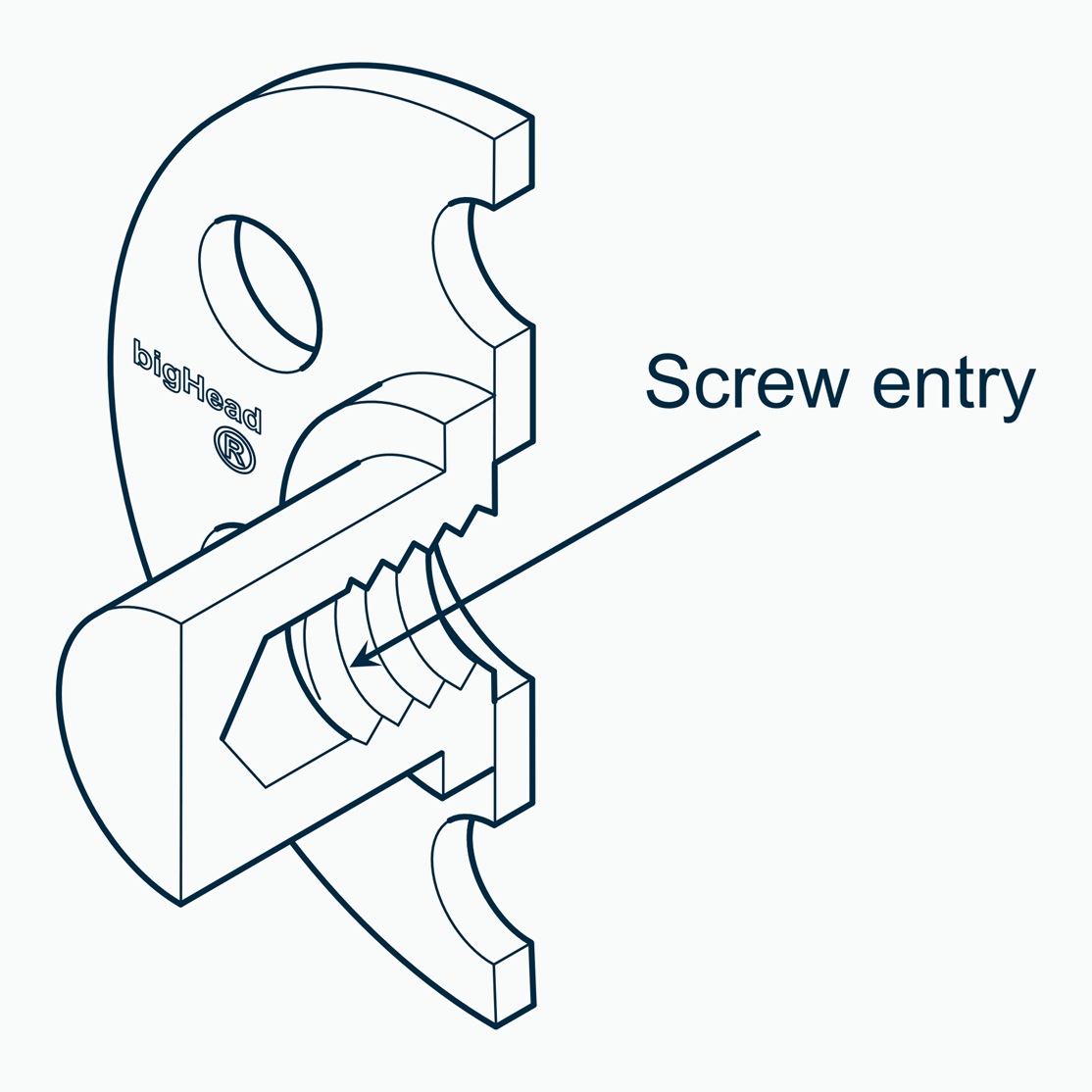 Section view of F2/S30 bigHead with closed Isometric section view of a bigHead F2/S30 fastener with closed sighted collar customisation showing screw entry direction