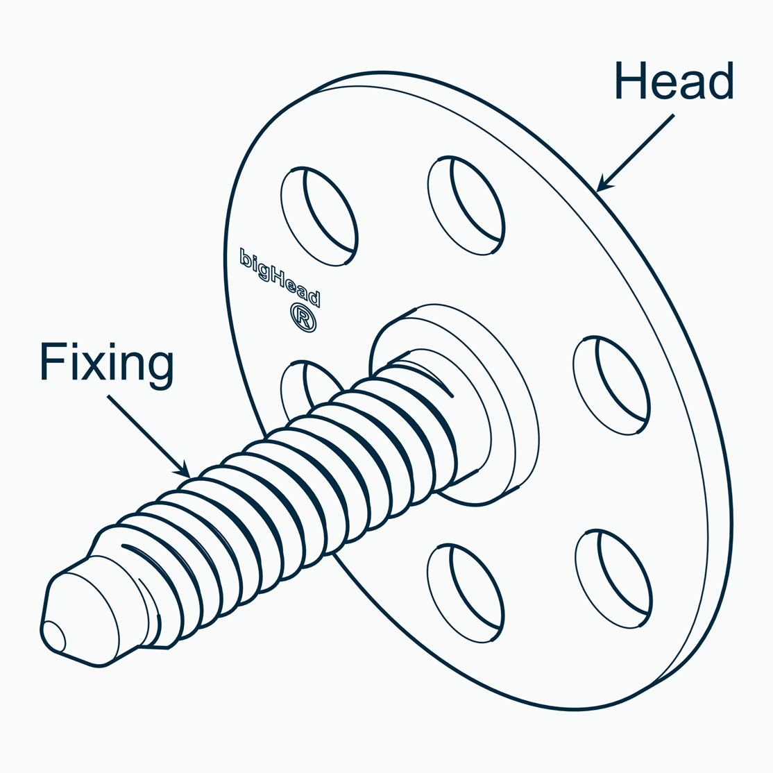 Isometric view of a bigHead M1/B30 fastener with pilot point with truncated cone (PC) customisation showing fixing and Head arrangement