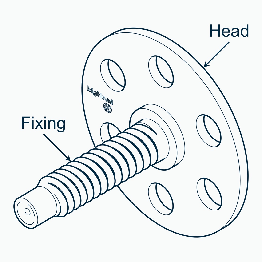 Isometric view of a bigHead M1/B30 fastener with pilot point, flat (PF) customisation showing fixing and Head arrangement
