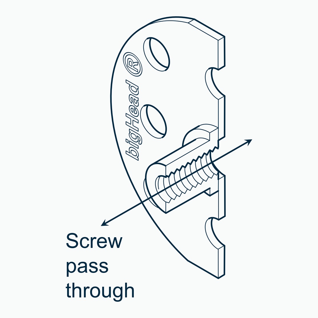 Isometric section view of a bigHead F2 type fastener with S50 large round Head customisation showing screw pass-through direction