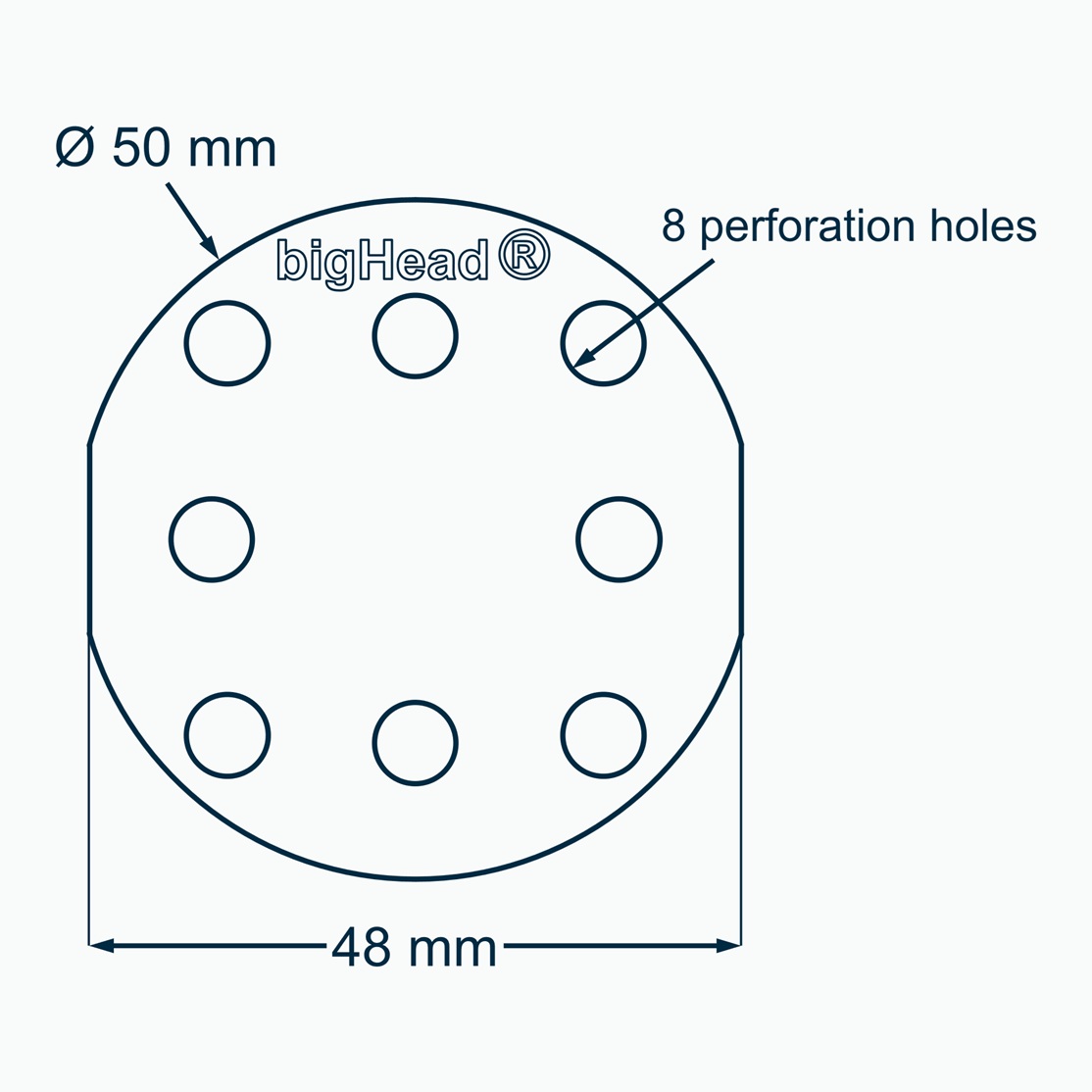 Top view of a bigHead B50 Head showing Ø 50 mm outer diameter, 48 mm across flats and perforation hole arrangement