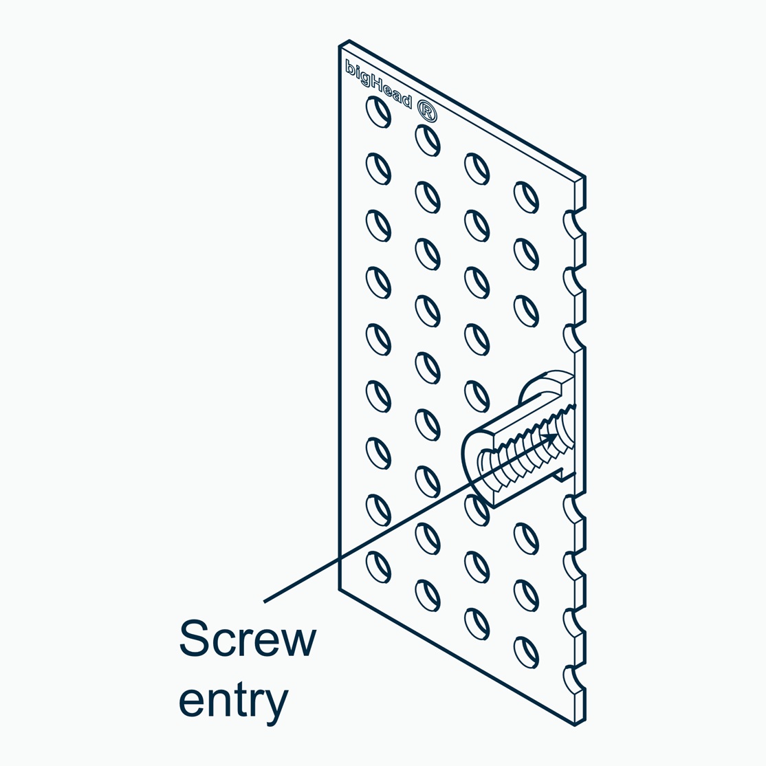 Isometric section view of a bigHead F2 type fastener with B58 large square Head customisation showing screw entry direction