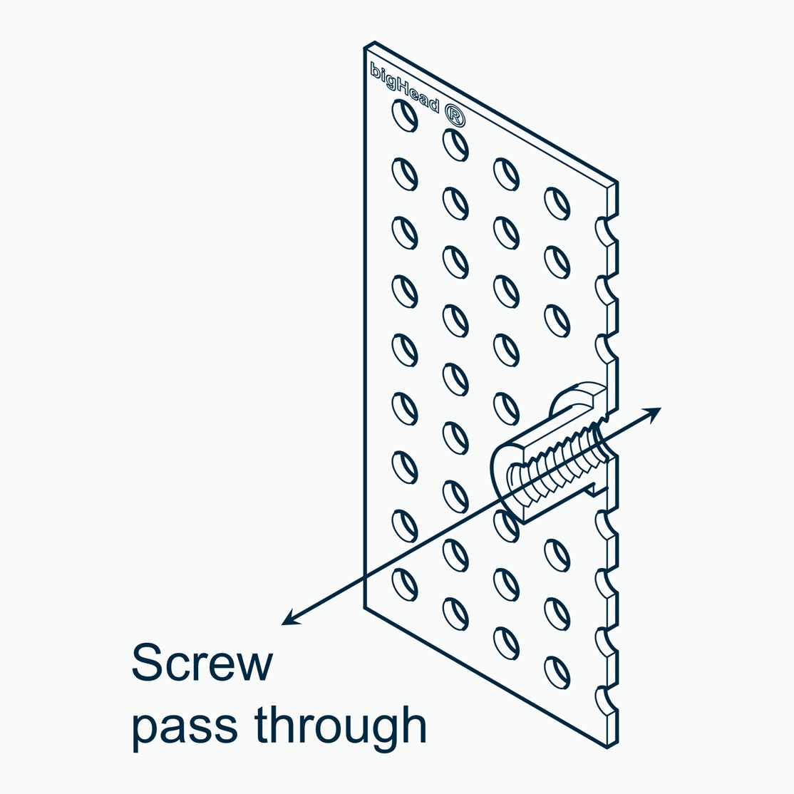 Isometric section view of a bigHead F2 type fastener with S58 large square Head customisation showing screw pass-through direction