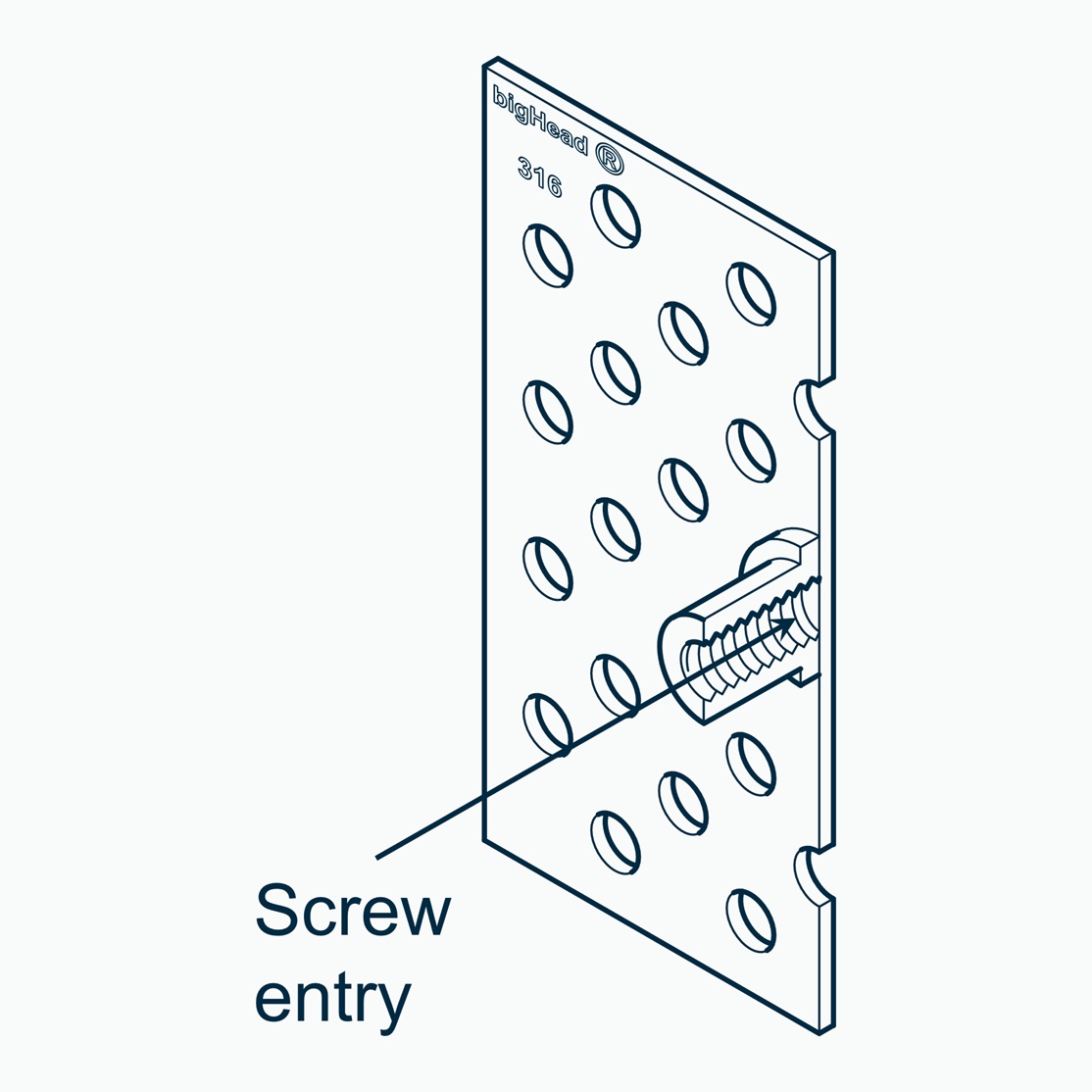 Isometric section view of a bigHead SF2 type fastener with B58 large square Head customisation showing screw entry direction