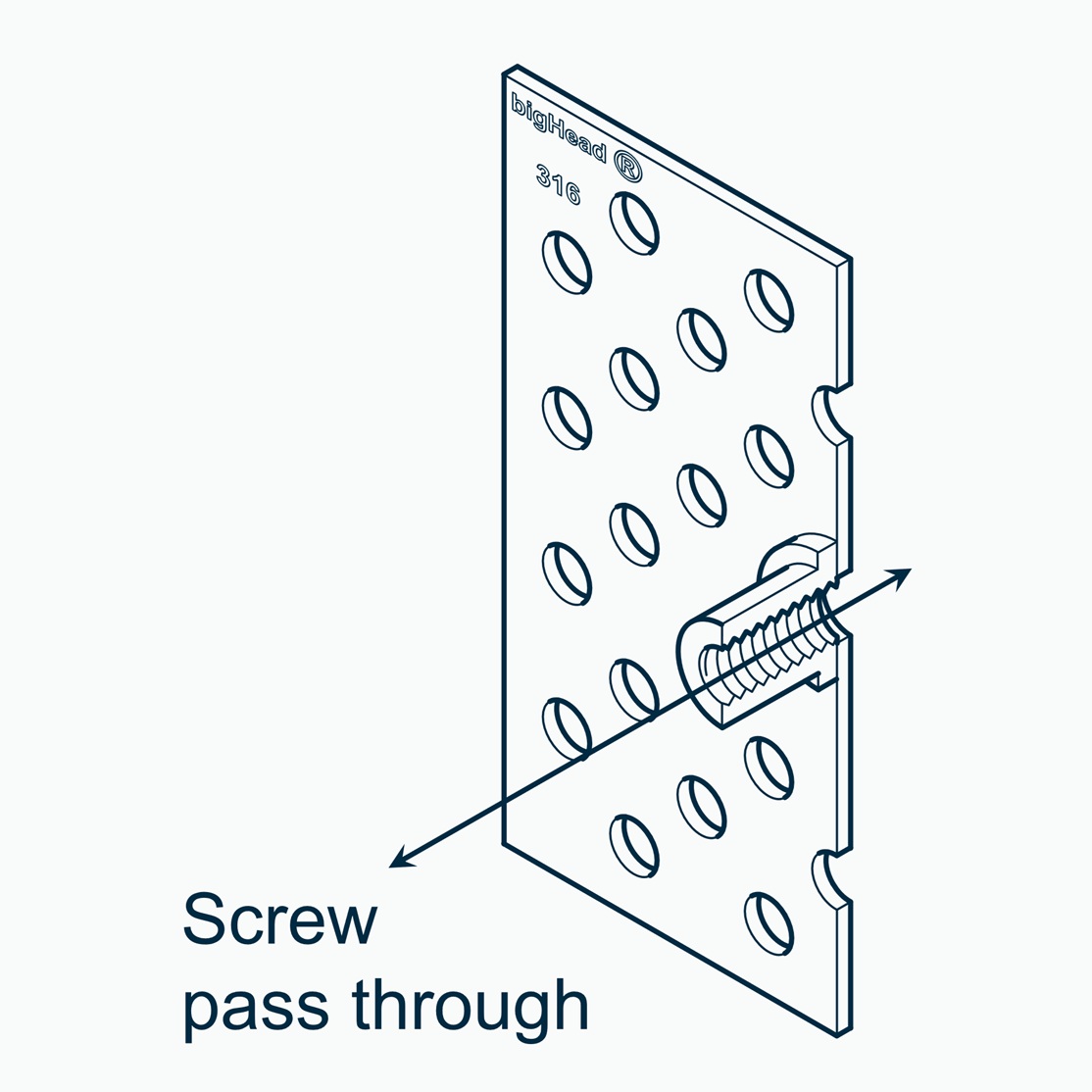 Isometric section view of a bigHead SF2 type fastener with S58 large square Head customisation showing screw pass-through direction