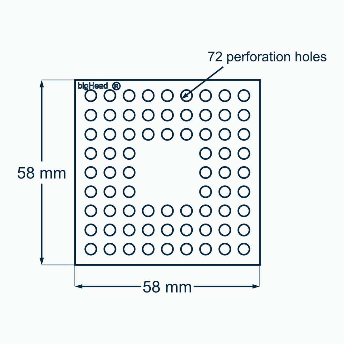 Top view of a carbon steel bigHead B58 Head showing dimensions and perforation hole arrangement