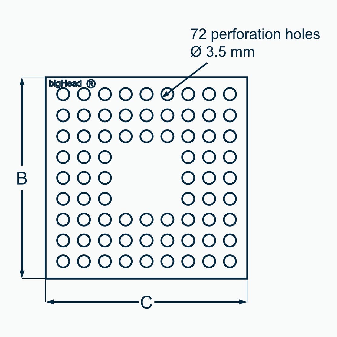 Top view of a carbon steel bigHead B58 Head showing B height, C width and perforation hole details
