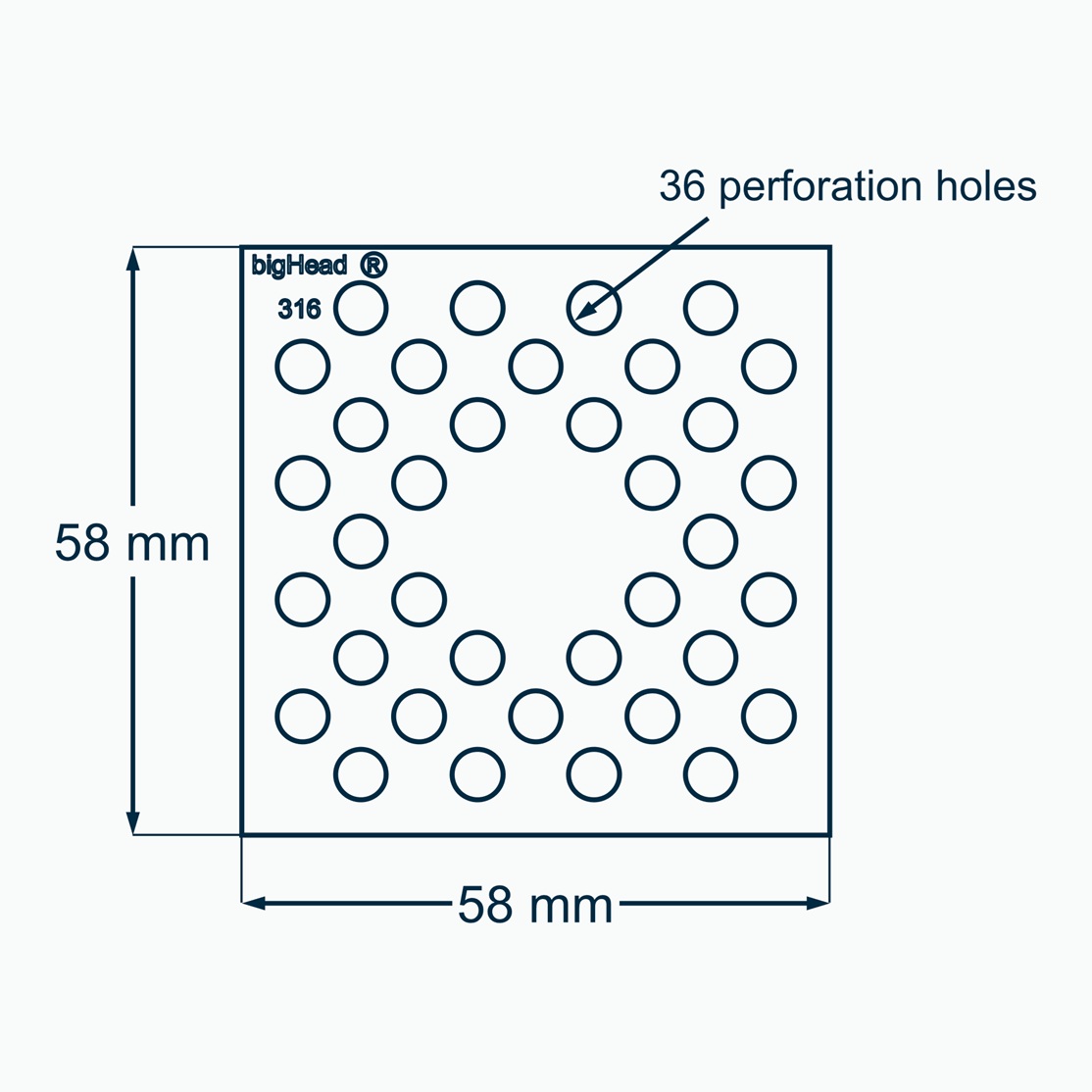 Top view of a stainless steel bigHead B58 Head dimensions and perforation hole arrangement