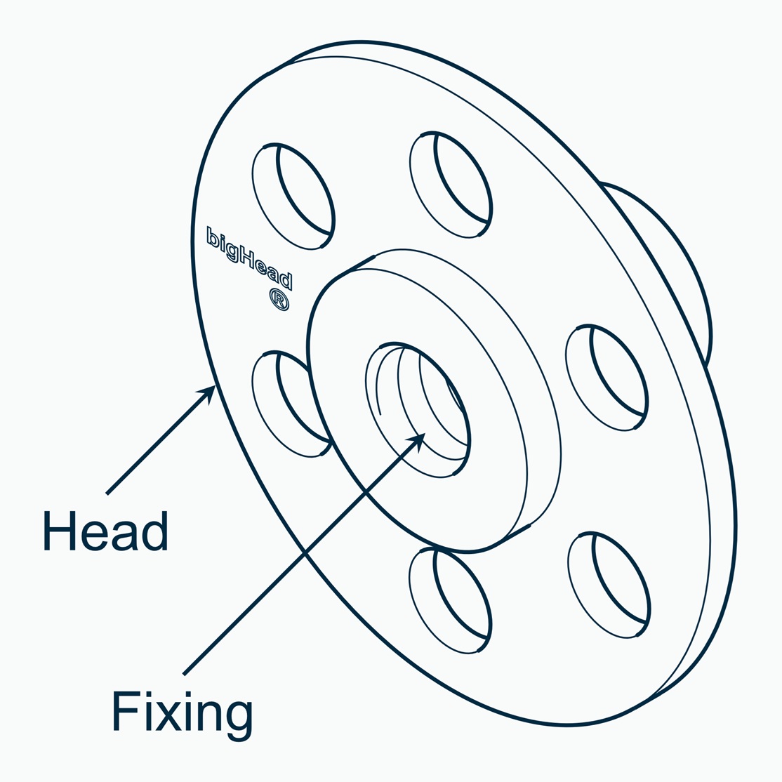 Isometric view of a bigHead F2/S30 fastener with reverse weld collar customisation showing fixing and Head arrangement