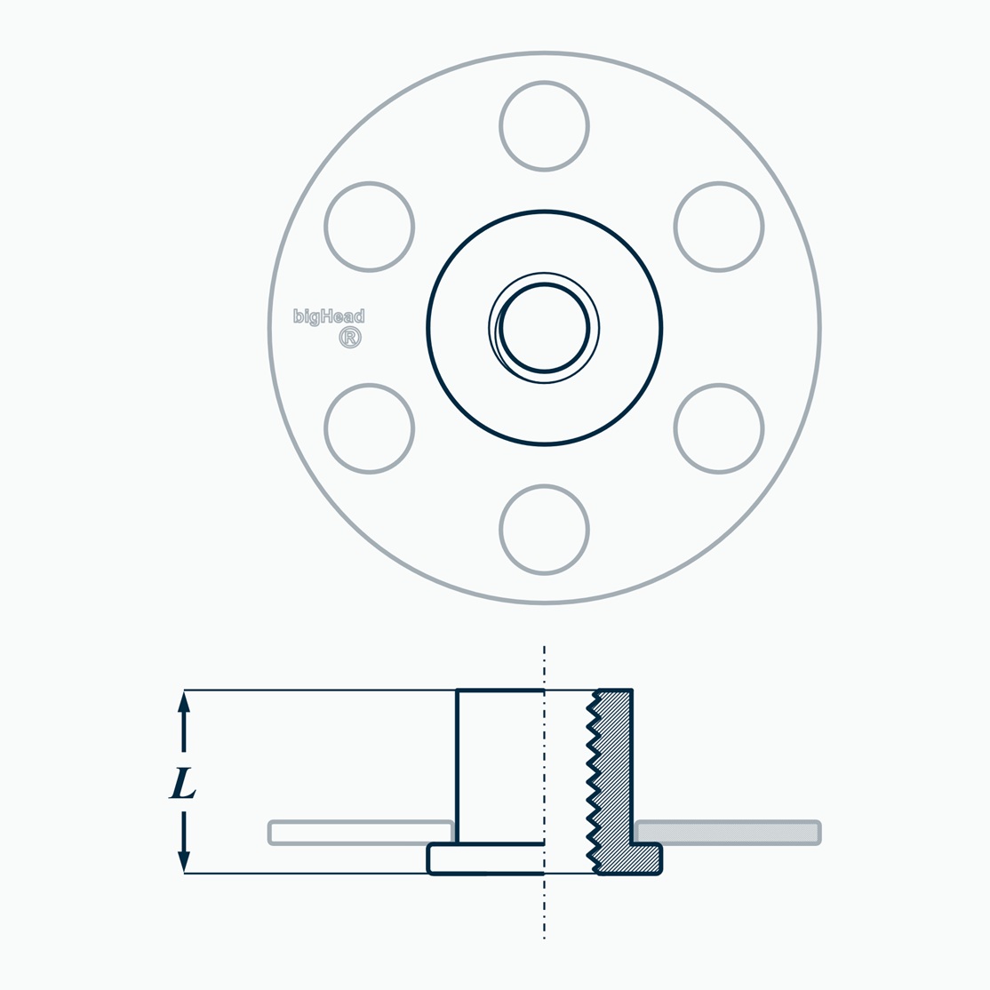 Top and side views of a bigHead F2/S30 fastener with reverse weld collar customisation showing L collar length