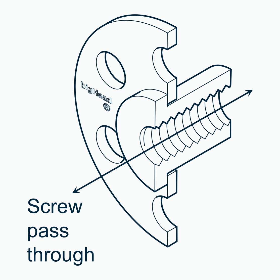 Isometric section view of a bigHead F2/S30 fastener with reverse weld collar customisation showing screw pass-through direction