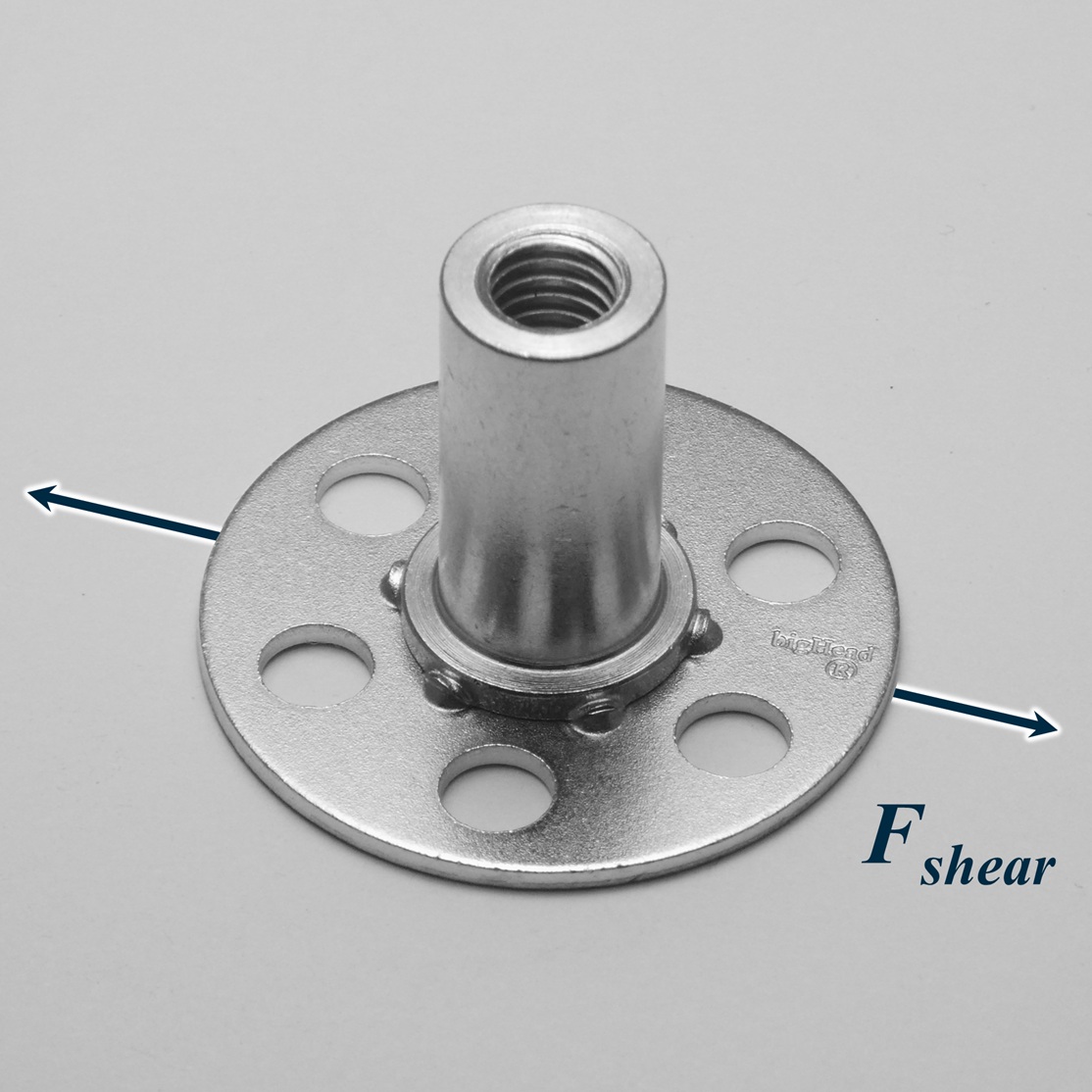 Photograph of a bigHead F2/B30 fastener, with a blue arrow labelled "F_shear" indicating shear force direction.