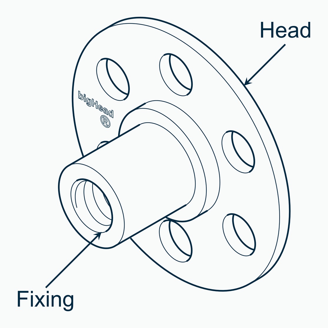 Isometric view of a bigHead F2/S30 fastener with thread length customisation showing fixing and Head arrangement