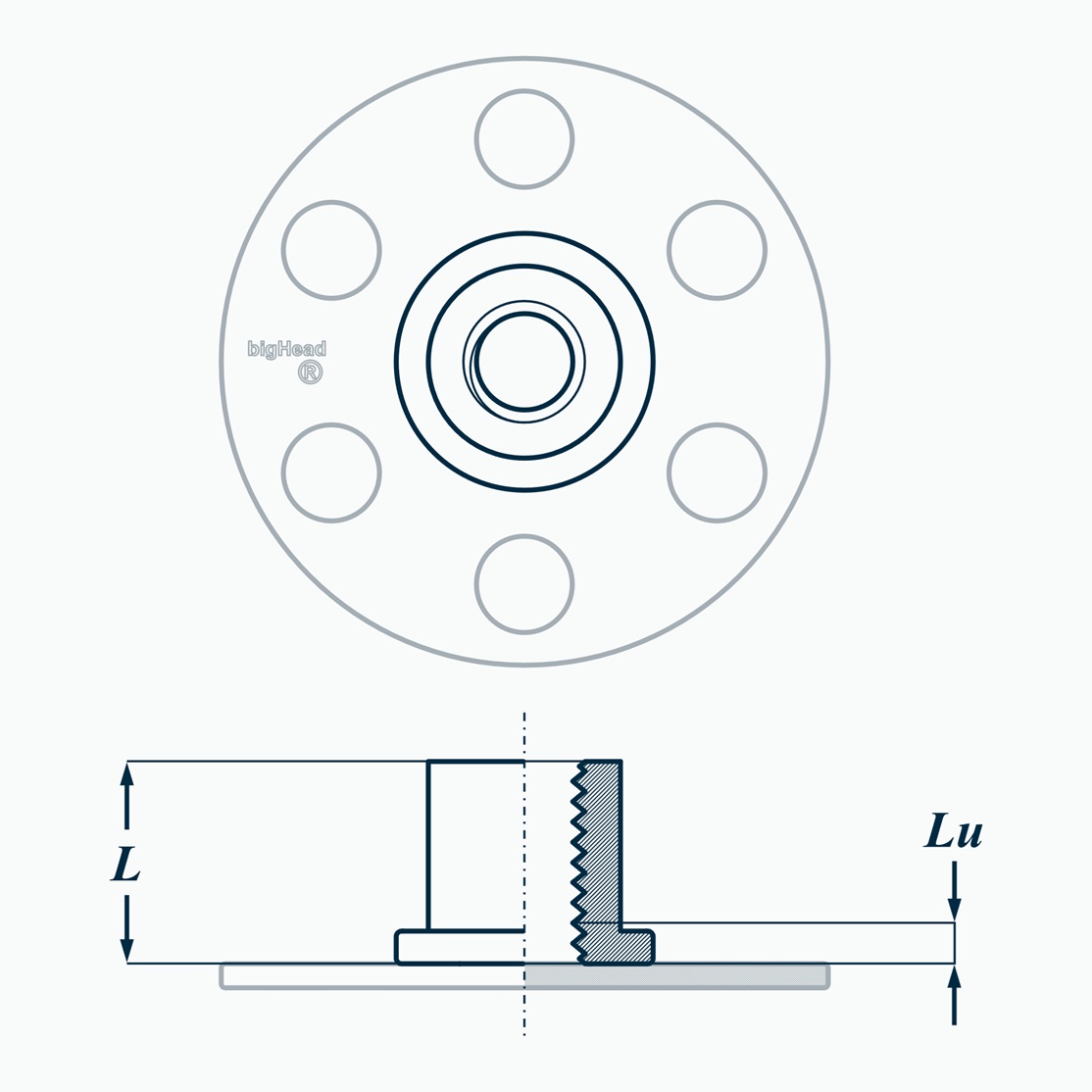 Top and side views of a bigHead F2/B30 fastener with thread length customisation showing L collar length and Lu screw tip clearance