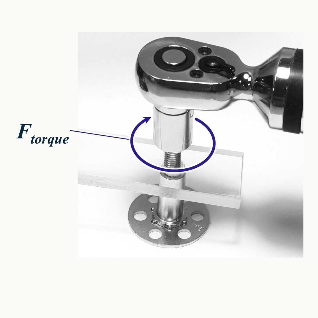 Photograph of a bigHead collar assembly and torque wrench illustrating torque force application, with applied torque represented by a labelled arrow indicating "F torque".