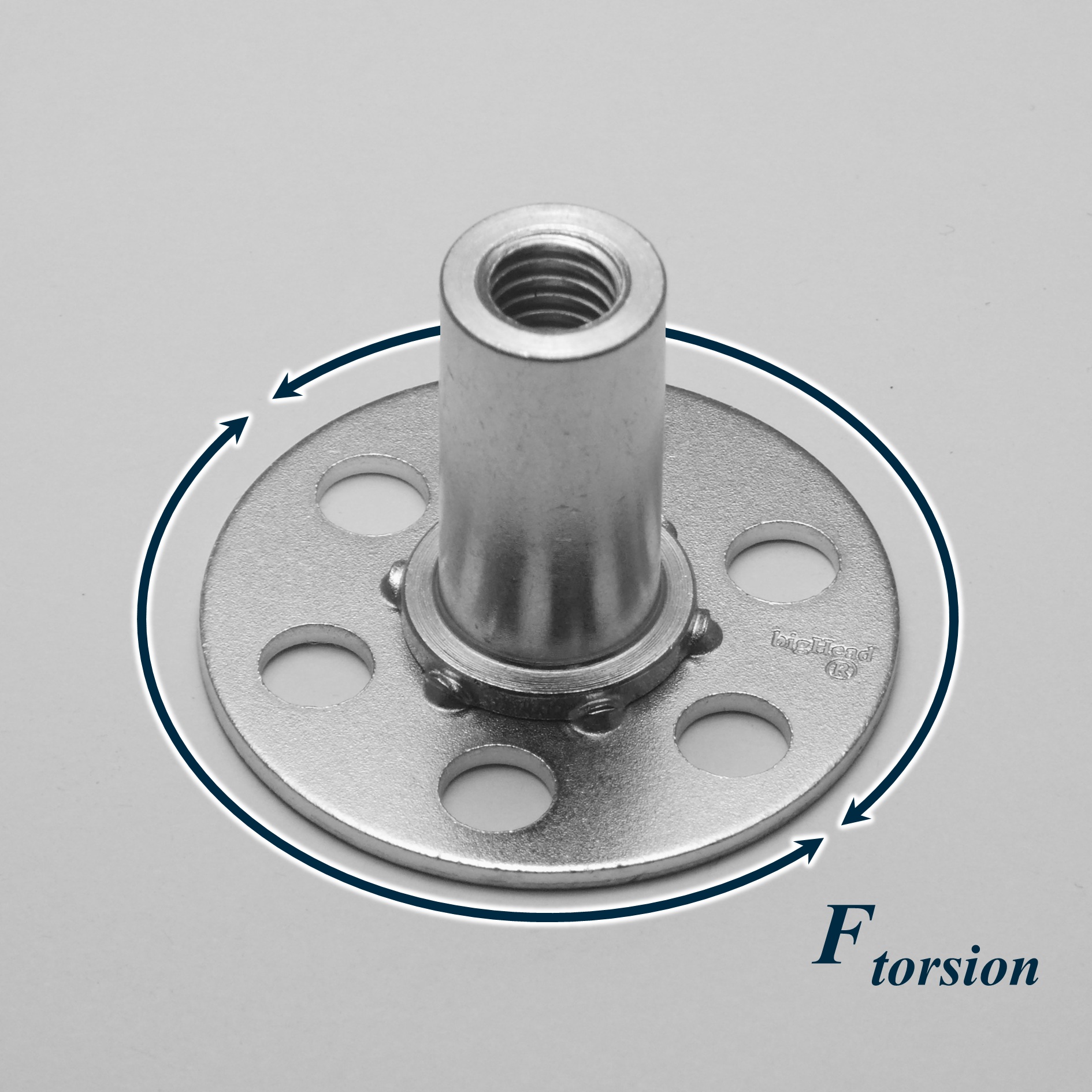 Photograph of a bigHead F2/B30 fastener, with blue arrows labelled "F_torsion" indicating torsional force direction.